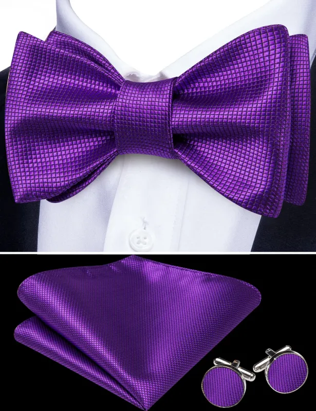 Barry. Wang Purple Plaid Bow Tie Self-tied Silk Jacquard Tuxedo Bowtie Hanky Cufflinks Set for Party sold by Barrywang