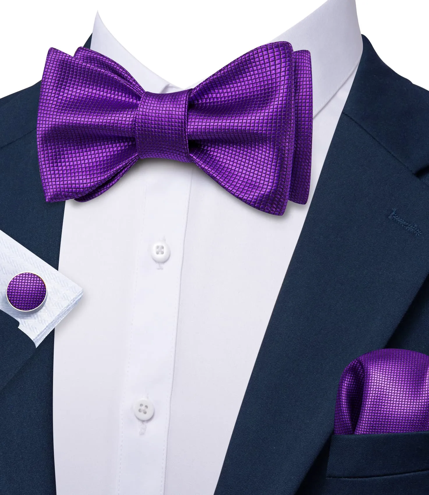 Barry. Wang Purple Plaid Bow Tie Self-tied Silk Jacquard Tuxedo Bowtie Hanky Cufflinks Set for Party sold by Barrywang product image thumbnail 3