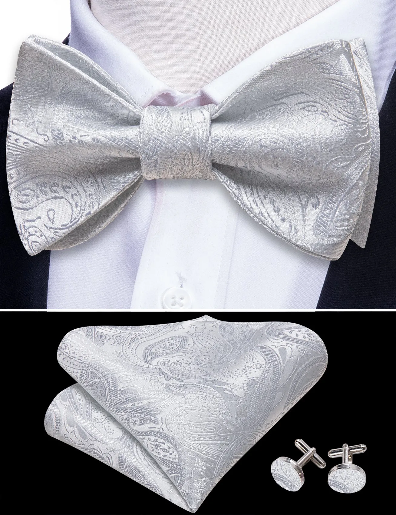 Barry. Wang Paisley White Bow Tie for Wedding Jacquard Self-tied Adjustable Bow Tie Hanky Cufflinks Set sold by Barrywang