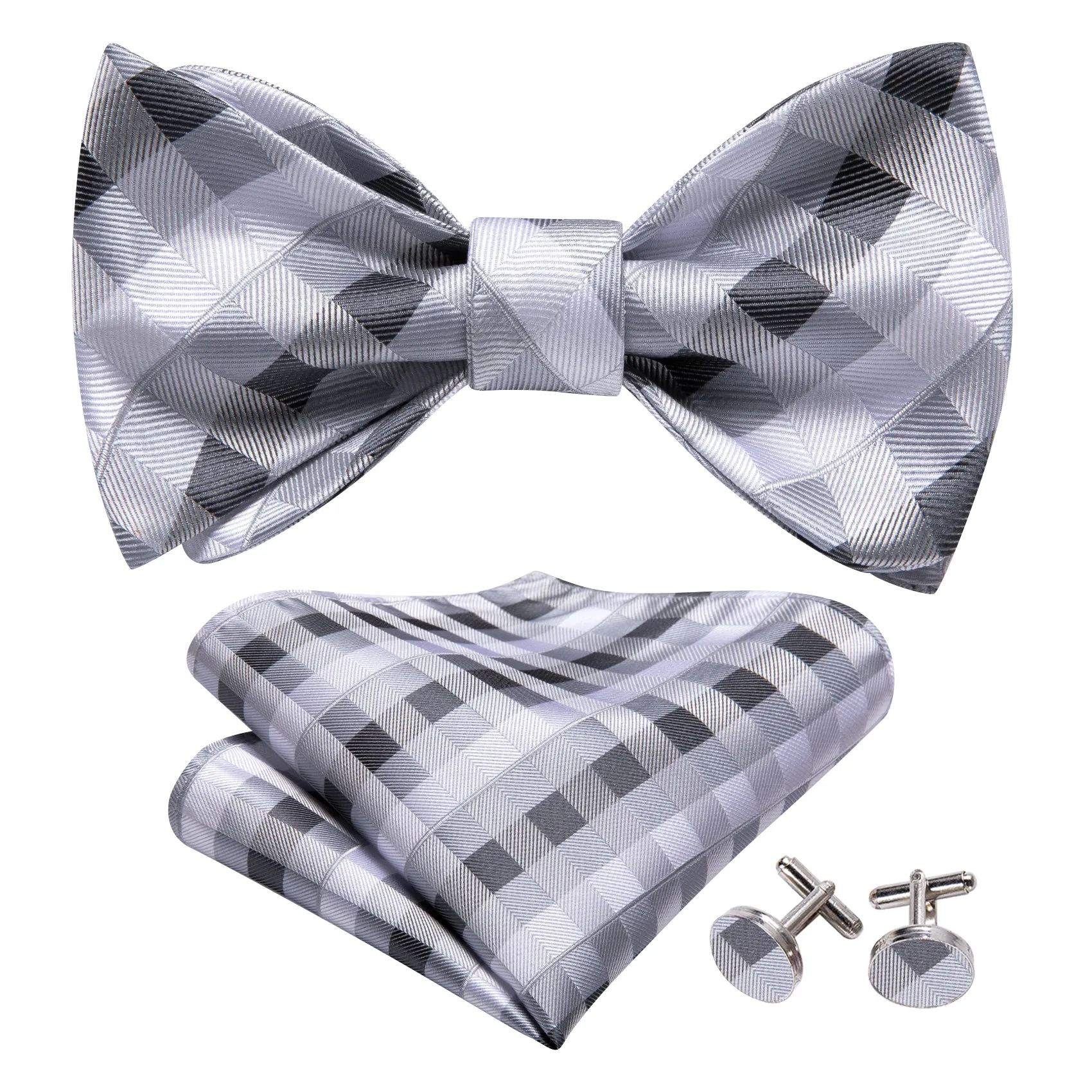 Barry. Wang Grey Plaid Bowtie Pocket Square Cufflinks Set Self-tied Silk Adjustable Formal Bow Tie sold by Barrywang product image thumbnail 2