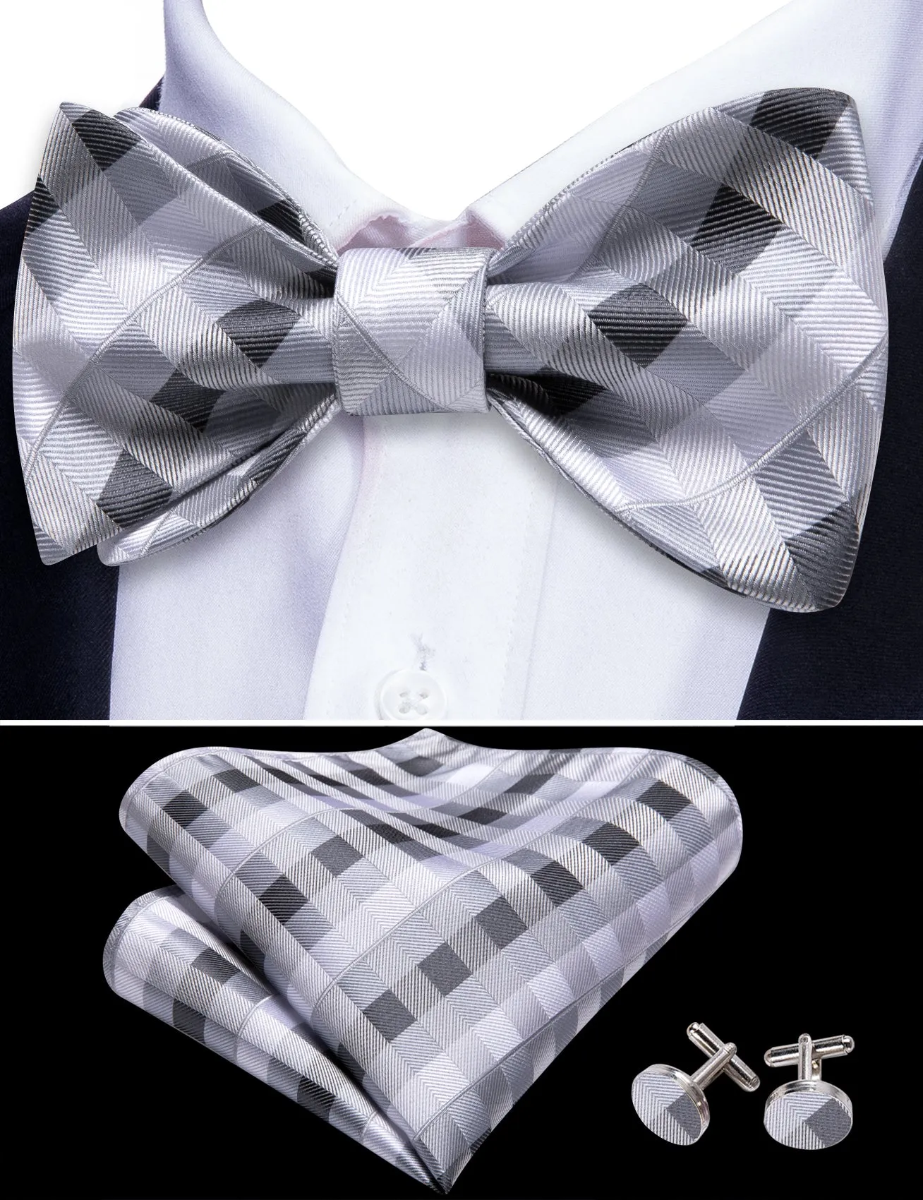 Barry. Wang Grey Plaid Bowtie Pocket Square Cufflinks Set Self-tied Silk Adjustable Formal Bow Tie sold by Barrywang product image thumbnail 4