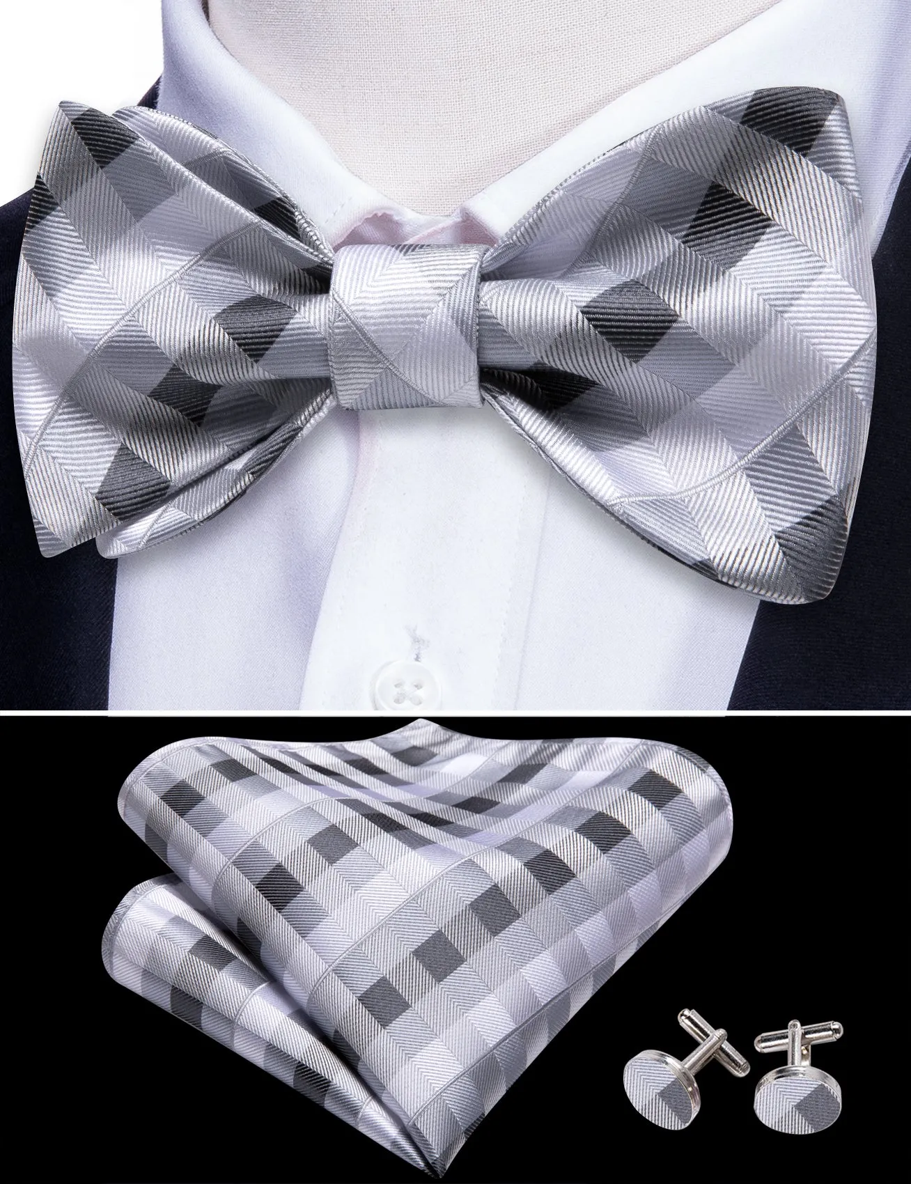 Barry. Wang Grey Plaid Bowtie Pocket Square Cufflinks Set Self-tied Silk Adjustable Formal Bow Tie sold by Barrywang