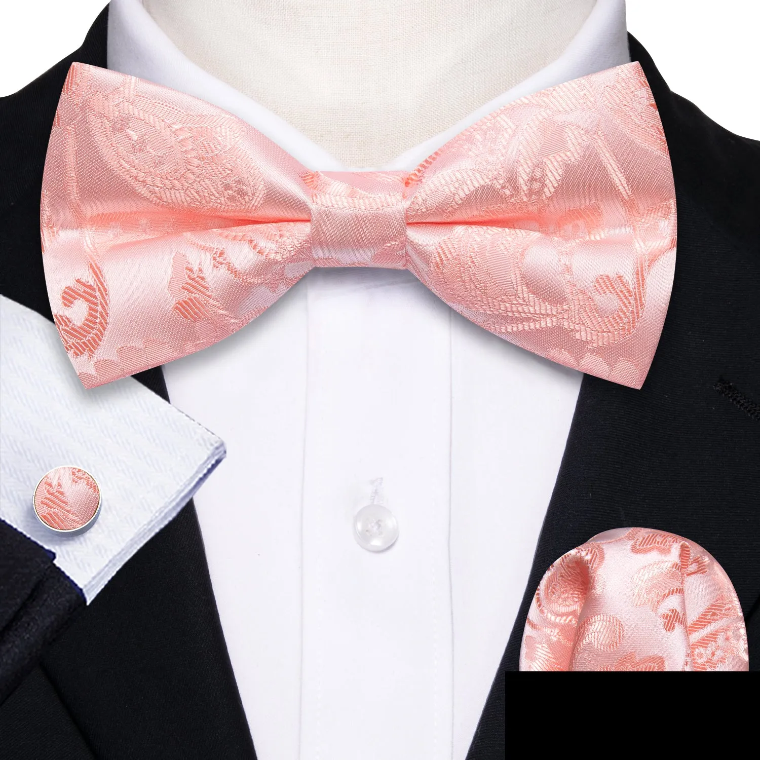 Barry. Wang Dusty Salmon Bow Tie Paisley Silk Pre Tied Adjustable Bow Tie Hanky Cufflinks Set for Formal sold by Barrywang product image thumbnail 4
