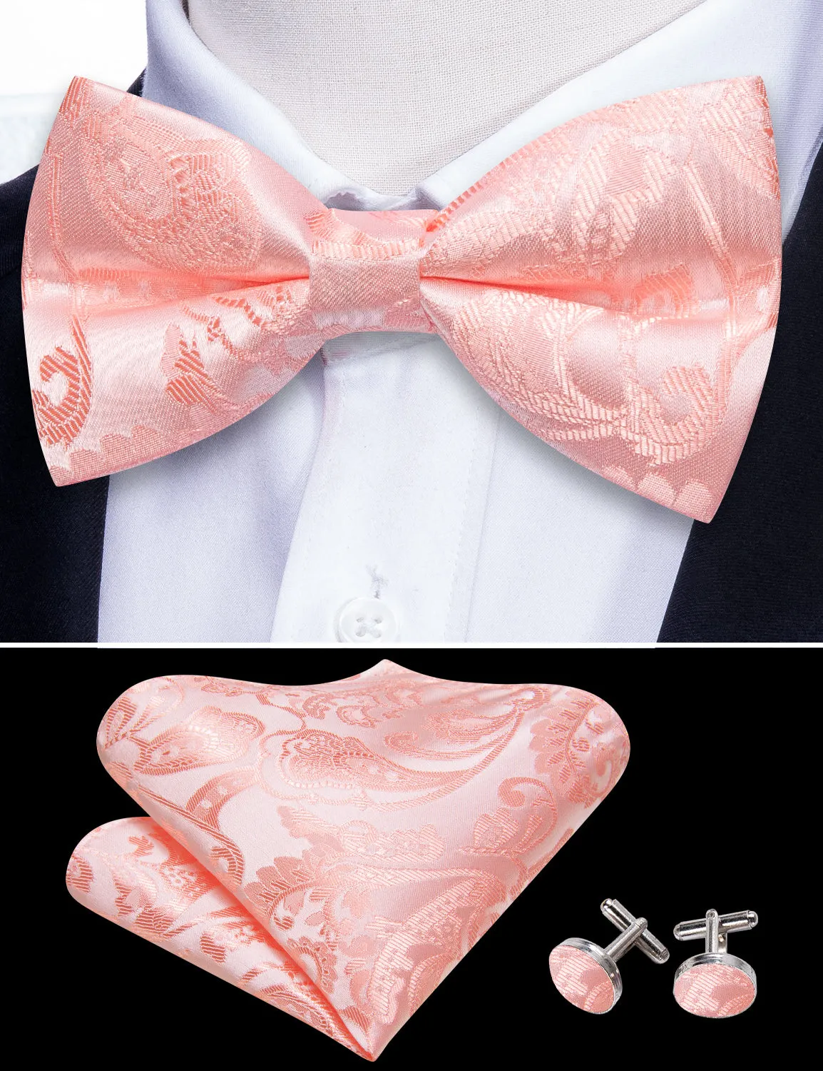 Barry. Wang Dusty Salmon Bow Tie Paisley Silk Pre Tied Adjustable Bow Tie Hanky Cufflinks Set for Formal sold by Barrywang