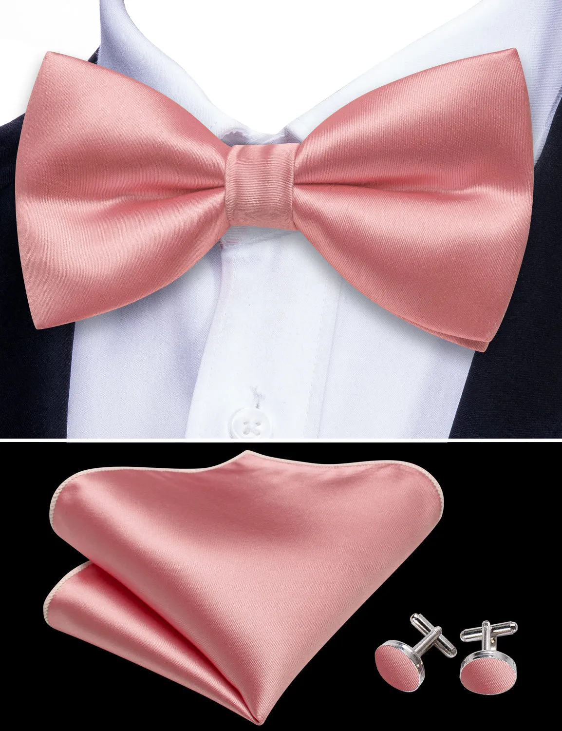 Barry. Wang Dusty Salmon Bowtie Solid Silk Pre Tied Bow Tie Pocket Square Cufflinks Set for Tuxedo Formal sold by Barrywang product image thumbnail 3