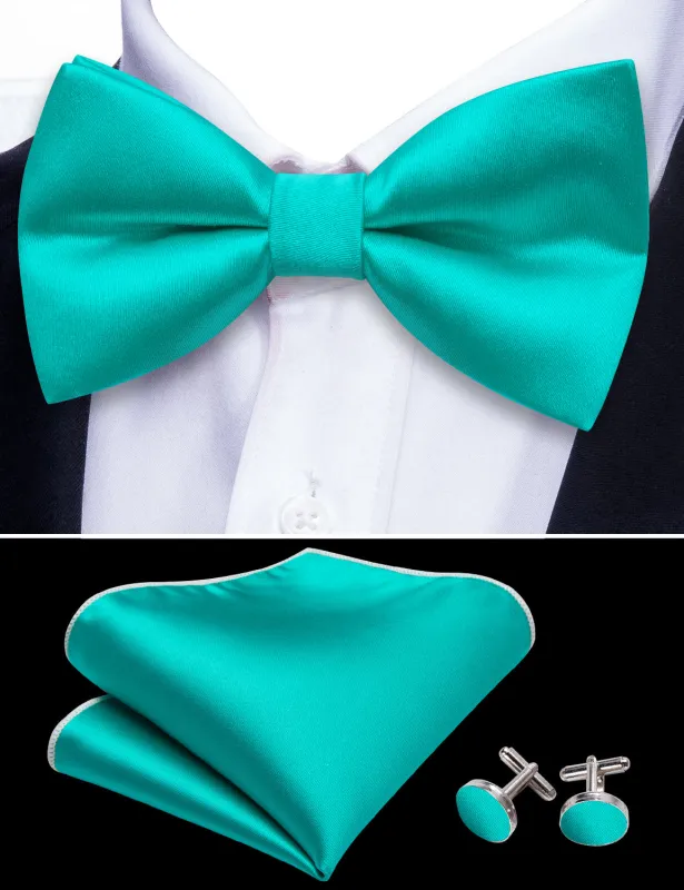 Barry. Wang Aqua Solid Bowtie Silk Pre-tied Men's Wedding Party Bowtie Pocket Square Cufflinks Set sold by Barrywang