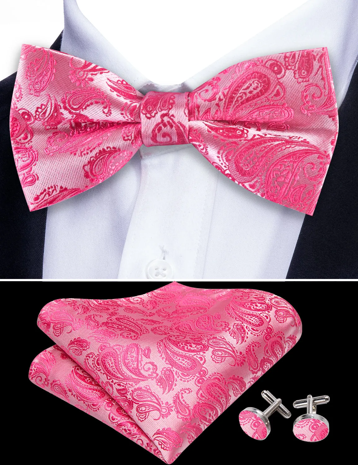 Barry. Wang Hot Pink Bowtie Set for Wedding Paisley Adjustable Silk Bow Tie Pocket Square Cufflinks Set sold by Barrywang