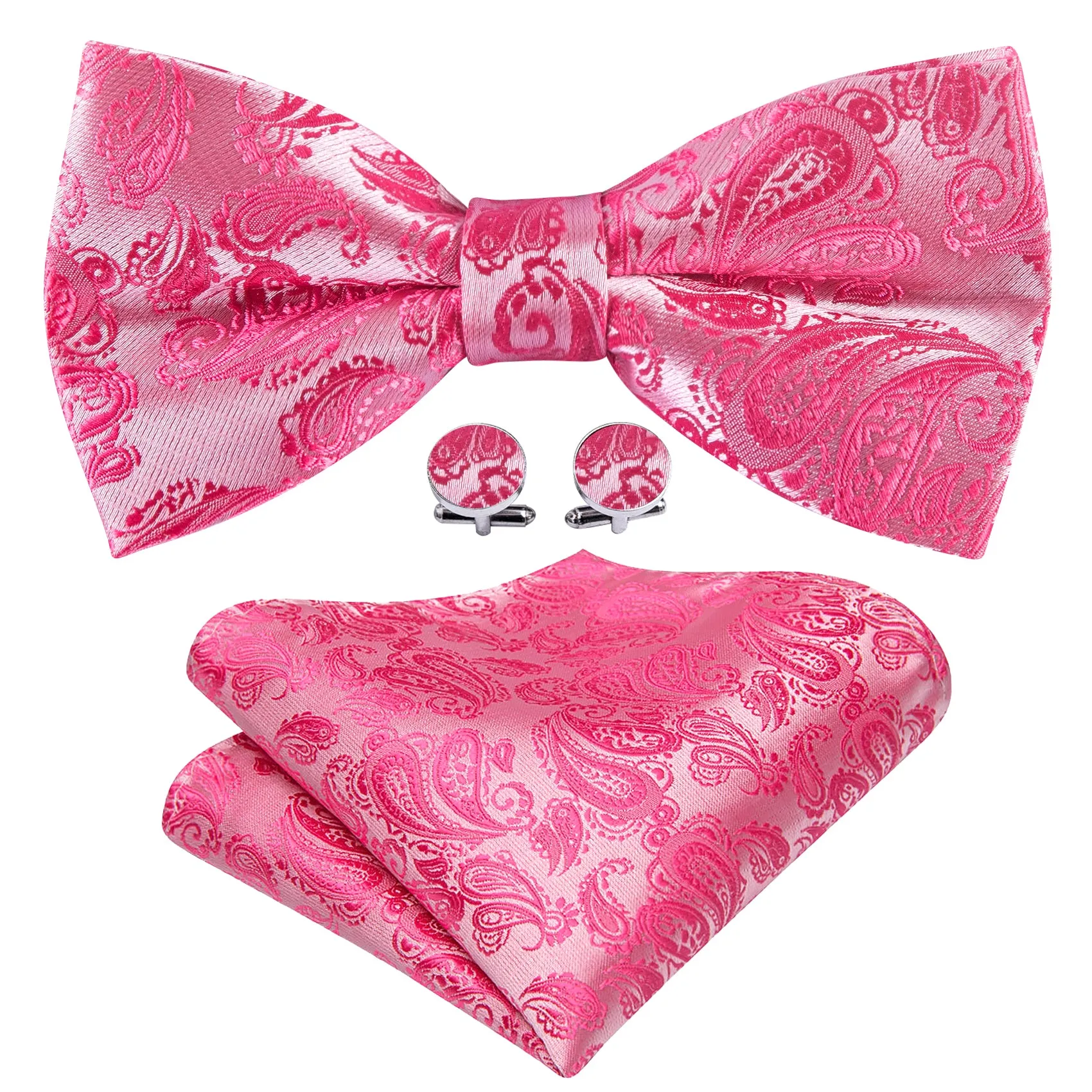Barry. Wang Hot Pink Bowtie Set for Wedding Paisley Adjustable Silk Bow Tie Pocket Square Cufflinks Set sold by Barrywang product image thumbnail 2