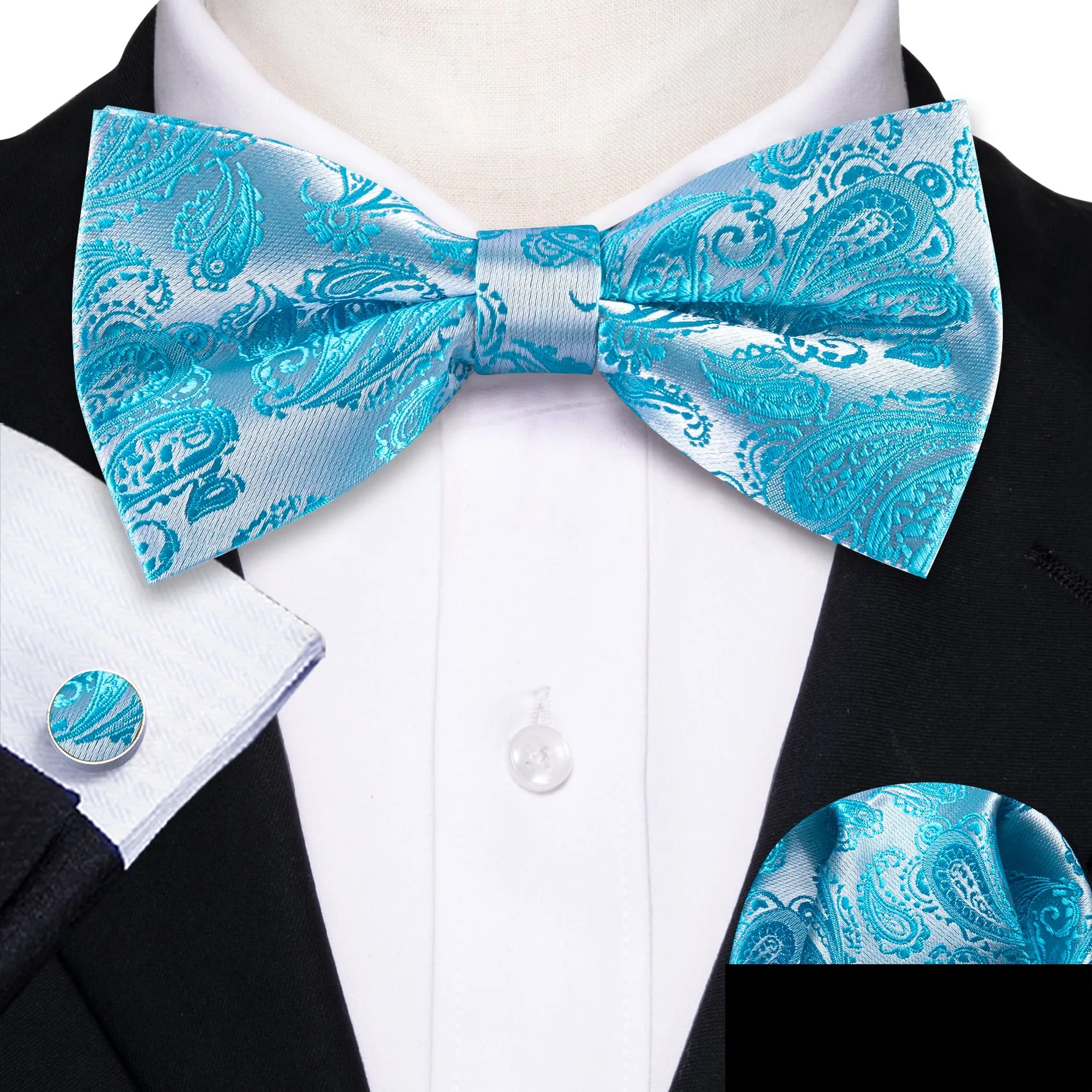 Barry. Wang Turquoise Bowtie Hanky Cufflinks Set Paisley Silk Jacquard Pre-Tied Bow Tie for Tuxedo Formal sold by Barrywang product image thumbnail 3