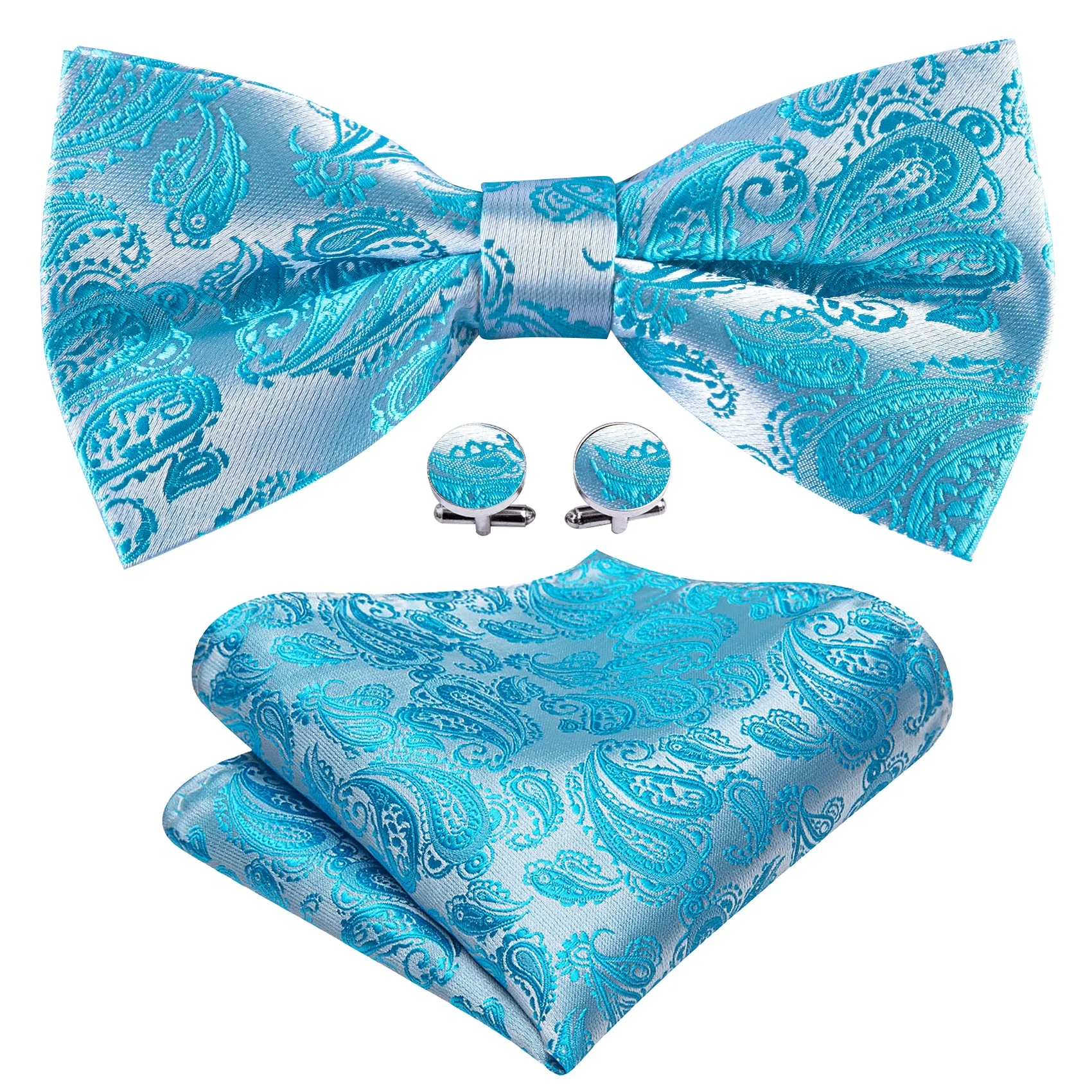 Barry. Wang Turquoise Bowtie Hanky Cufflinks Set Paisley Silk Jacquard Pre-Tied Bow Tie for Tuxedo Formal sold by Barrywang product image thumbnail 2