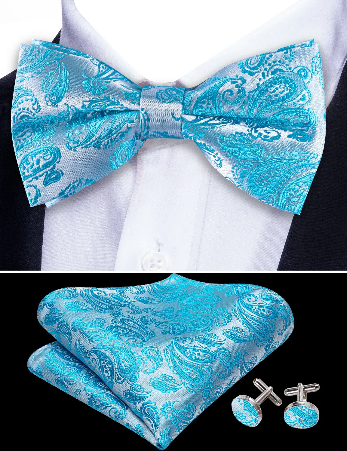 Barry. Wang Turquoise Bowtie Hanky Cufflinks Set Paisley Silk Jacquard Pre-Tied Bow Tie for Tuxedo Formal sold by Barrywang