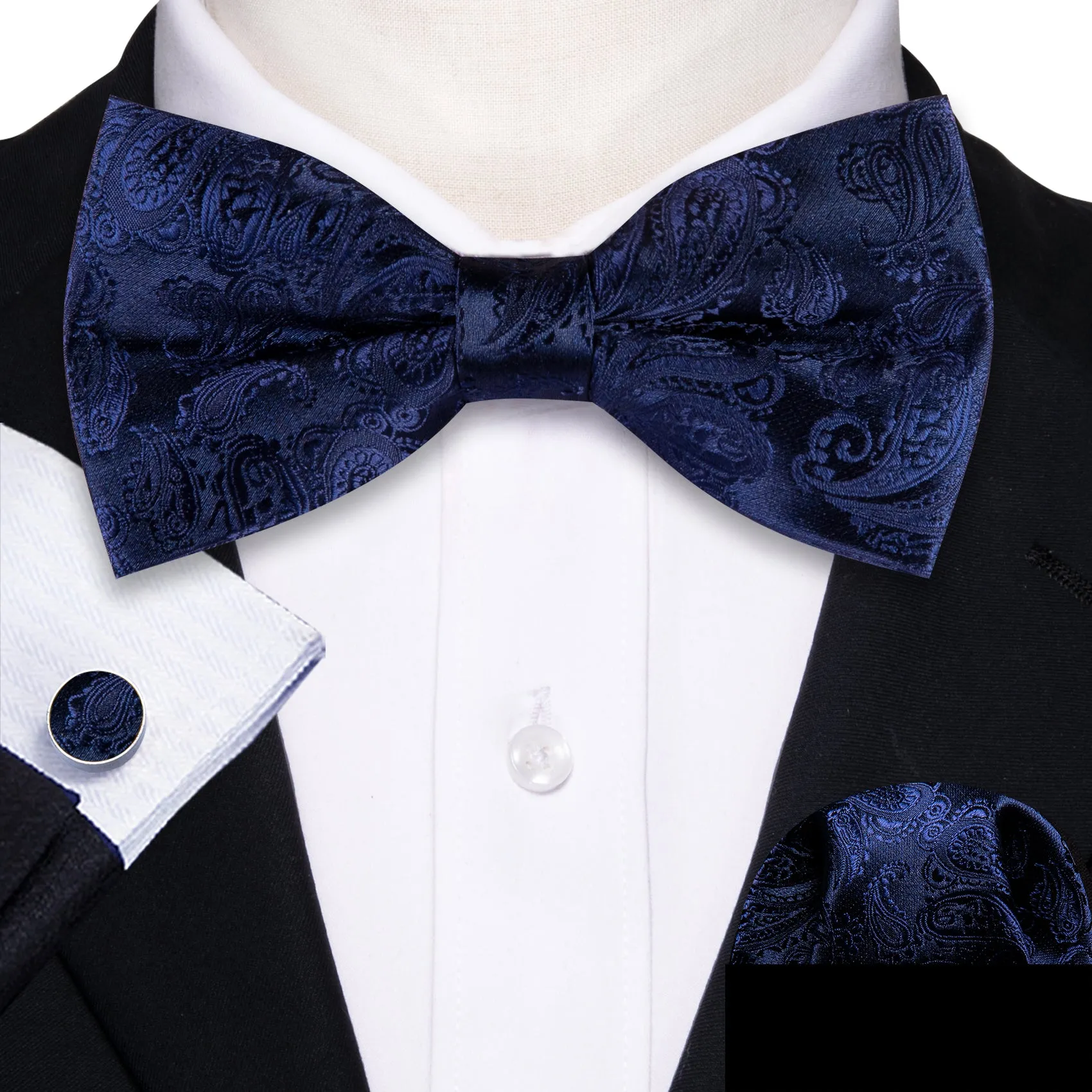 Barry. Wang Navy Blue Bowtie Paisley Pre-tied Adjustable Silk Bow Tie for Tuxedo Hanky Cufflinks Set sold by Barrywang product image thumbnail 3