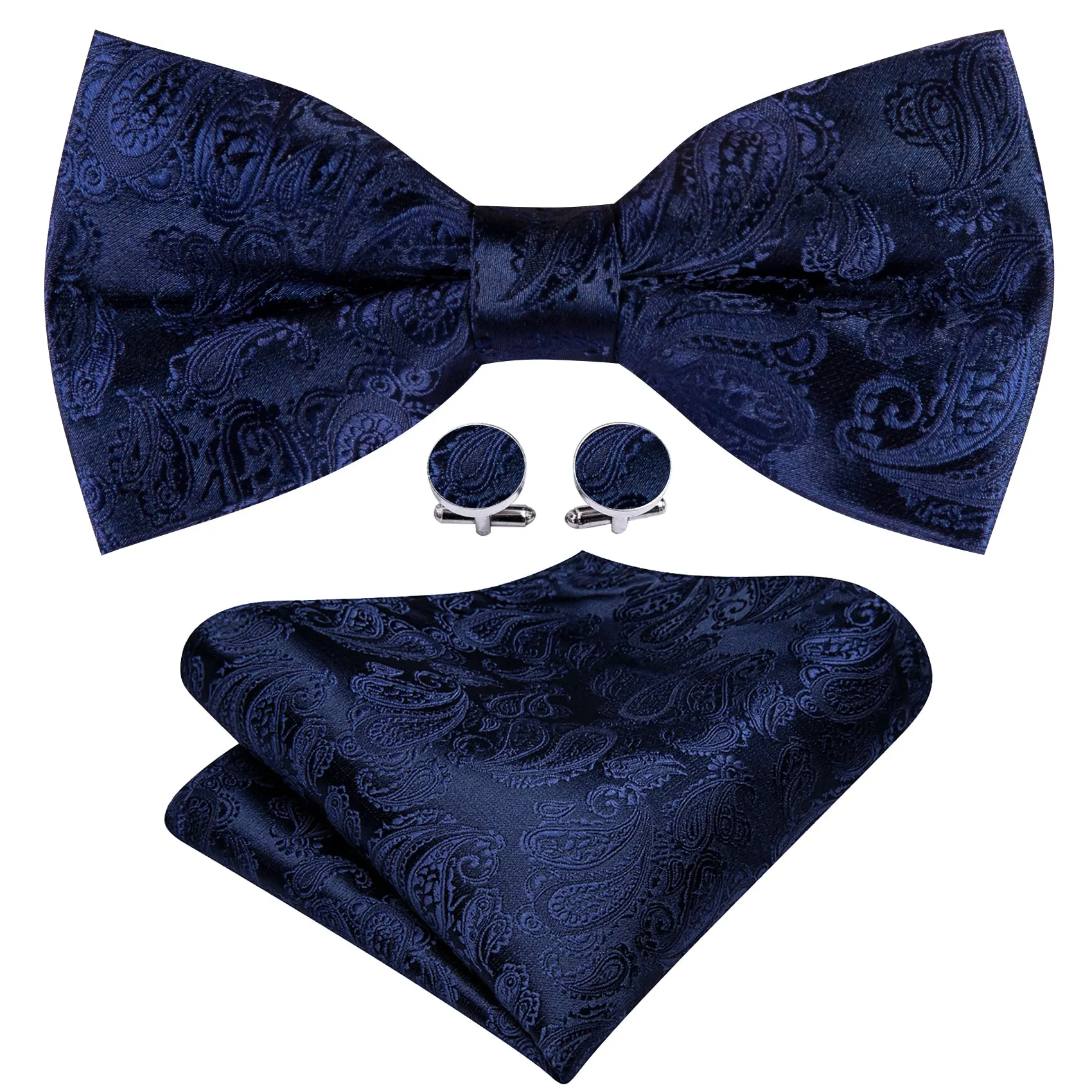 Barry. Wang Navy Blue Bowtie Paisley Pre-tied Adjustable Silk Bow Tie for Tuxedo Hanky Cufflinks Set sold by Barrywang product image thumbnail 2