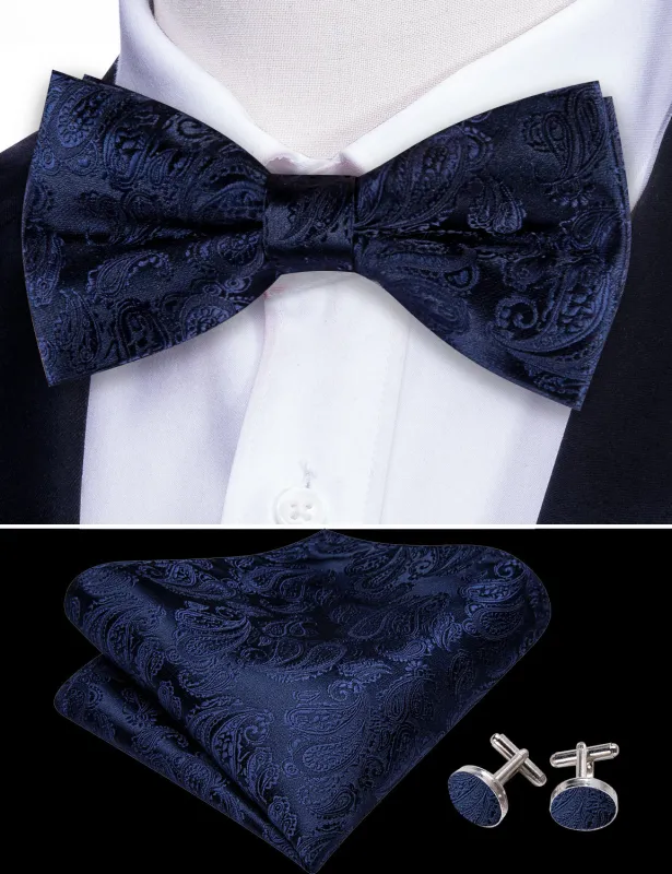 Barry. Wang Navy Blue Bowtie Paisley Pre-tied Adjustable Silk Bow Tie for Tuxedo Hanky Cufflinks Set sold by Barrywang