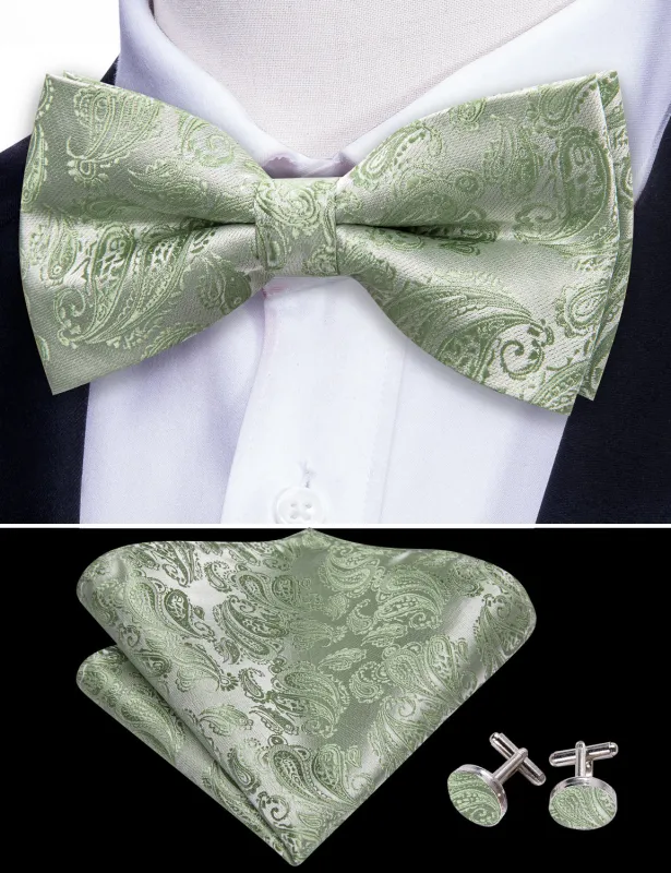 Barry. Wang Sage Green Bow Tie Hanky Cufflinks Set Paisley Silk Adjustable Bow Tie for Wedding sold by Barrywang