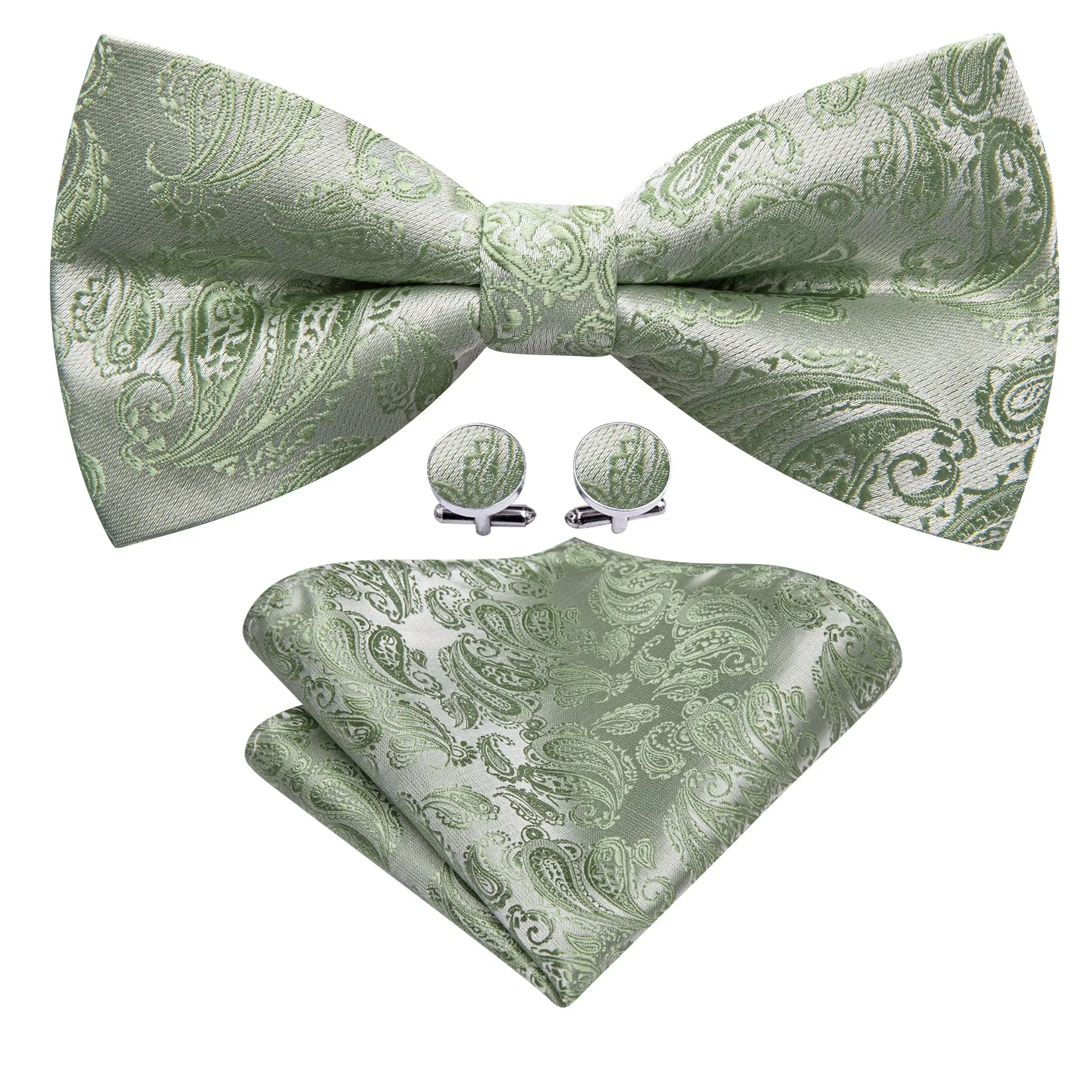 Barry. Wang Sage Green Bow Tie Hanky Cufflinks Set Paisley Silk Adjustable Bow Tie for Wedding sold by Barrywang product image thumbnail 2