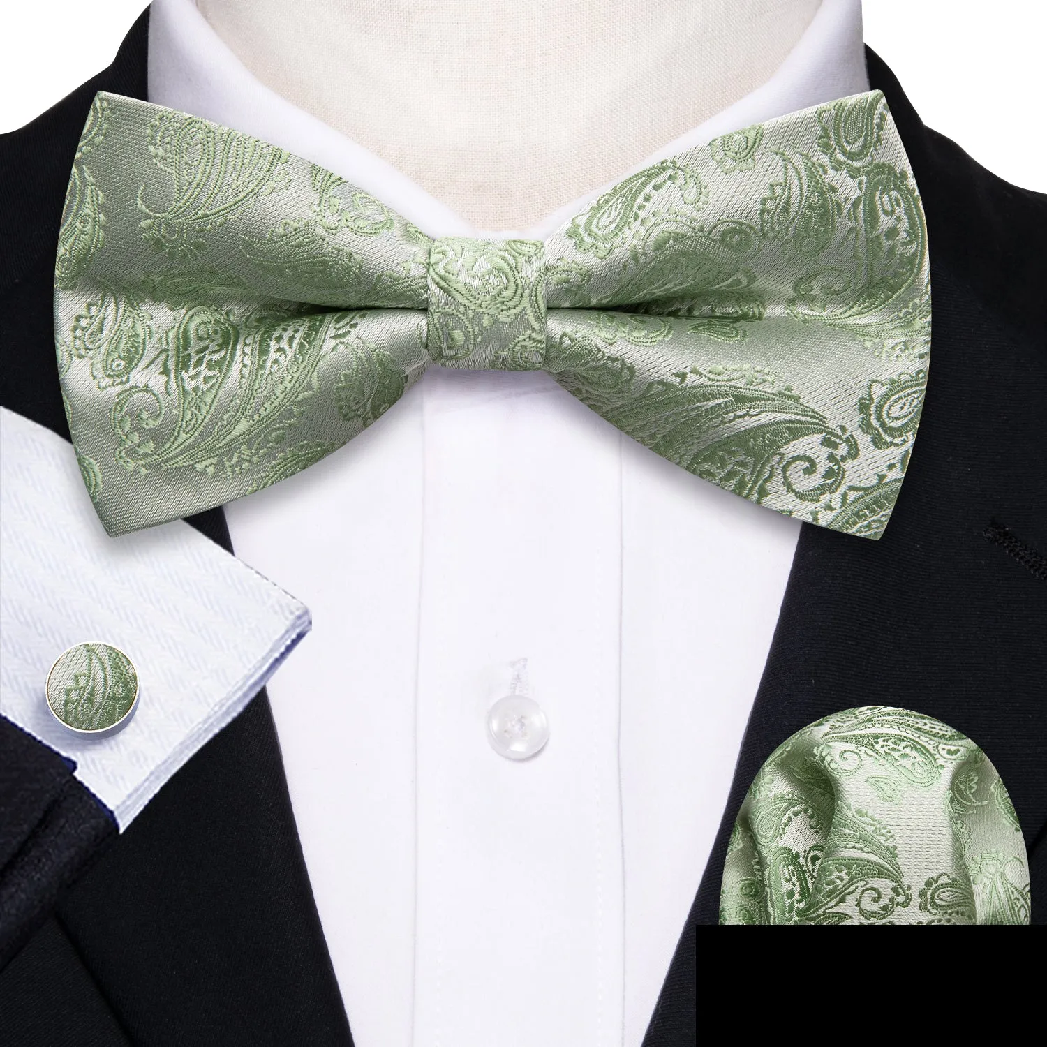 Barry. Wang Sage Green Bow Tie Hanky Cufflinks Set Paisley Silk Adjustable Bow Tie for Wedding sold by Barrywang product image thumbnail 3