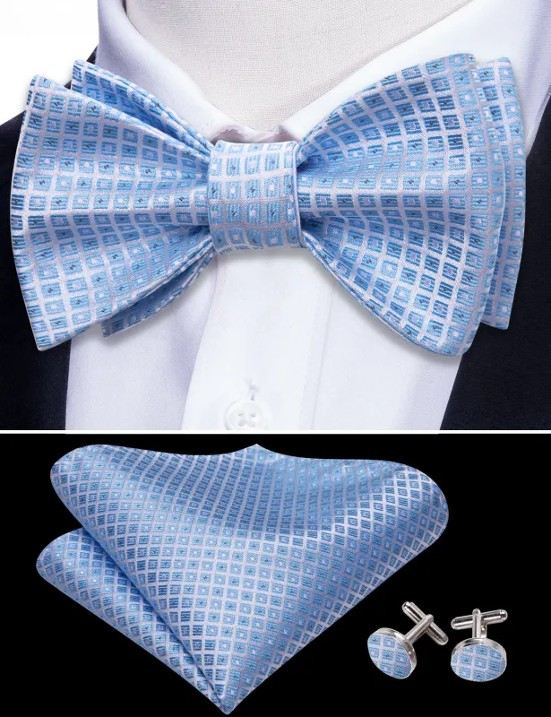Barry. Wang Sky Blue Bowtie for Men Plaid Silk Self-tied Bow Tie Pocket Square Cufflinks Set for Tuxedo sold by Barrywang