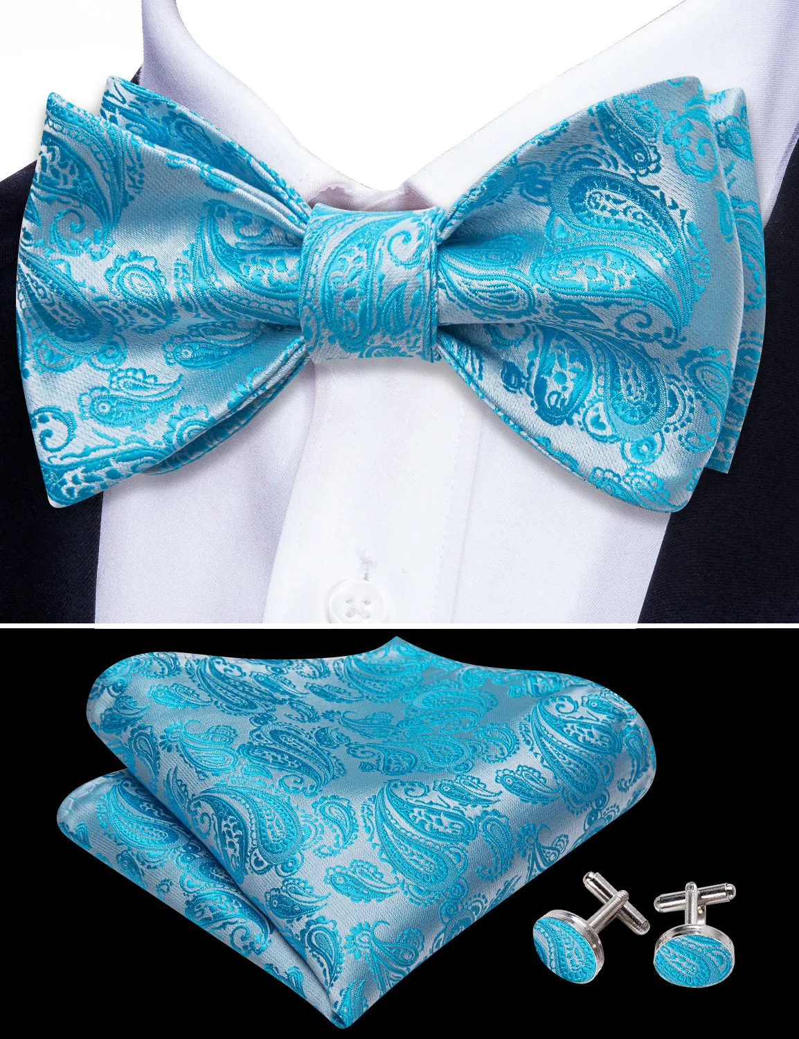 Barry. Wang Turquoise Paisley Bow Tie Silk Jacquard Self-tied Bow Tie for Tuxedo Hanky Cufflinks Set sold by Barrywang product image thumbnail 4