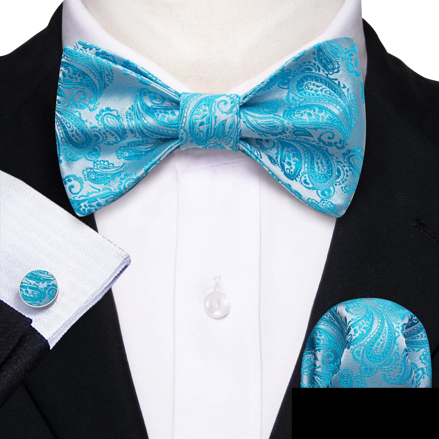 Barry. Wang Turquoise Paisley Bow Tie Silk Jacquard Self-tied Bow Tie for Tuxedo Hanky Cufflinks Set sold by Barrywang product image thumbnail 2