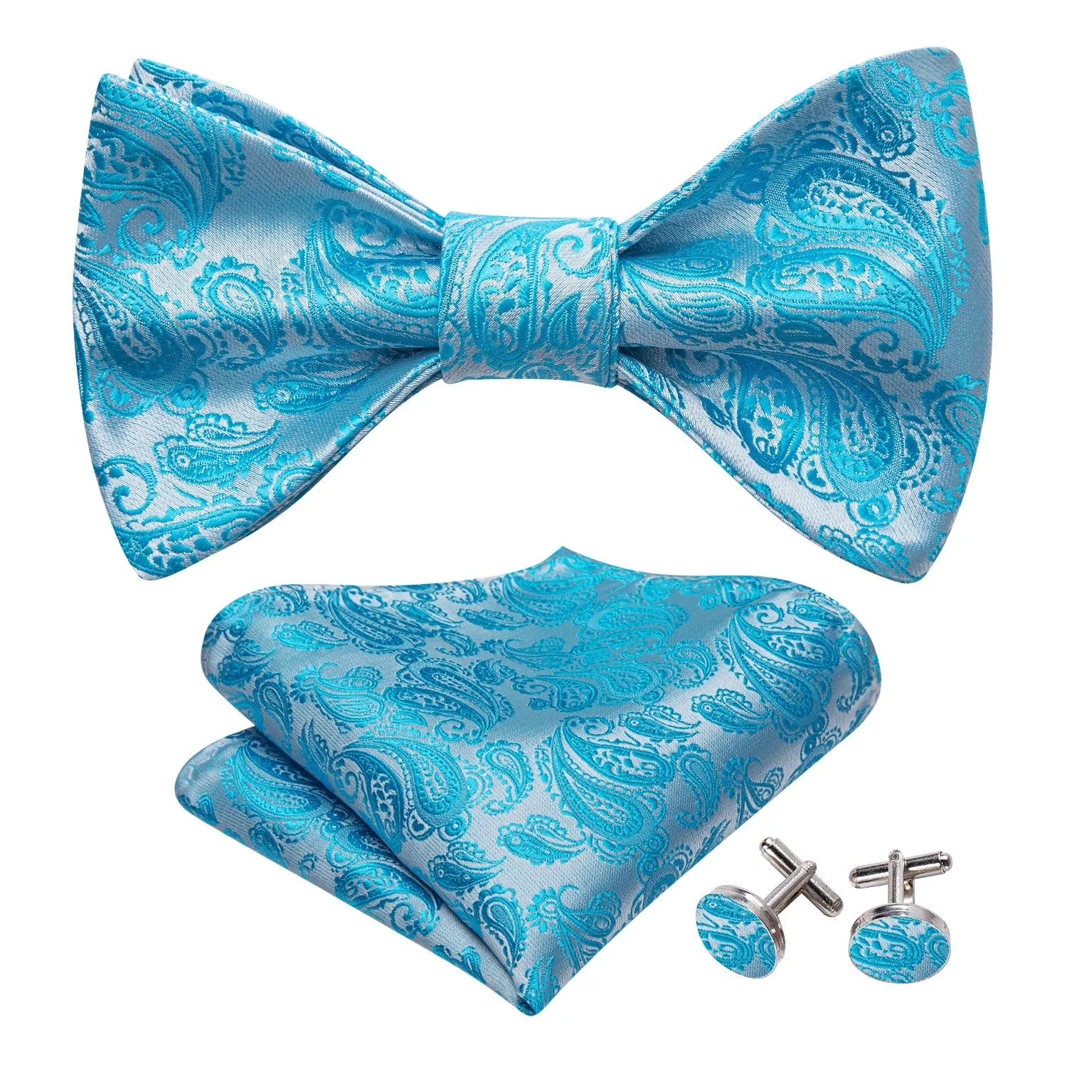 Barry. Wang Turquoise Paisley Bow Tie Silk Jacquard Self-tied Bow Tie for Tuxedo Hanky Cufflinks Set sold by Barrywang product image thumbnail 3