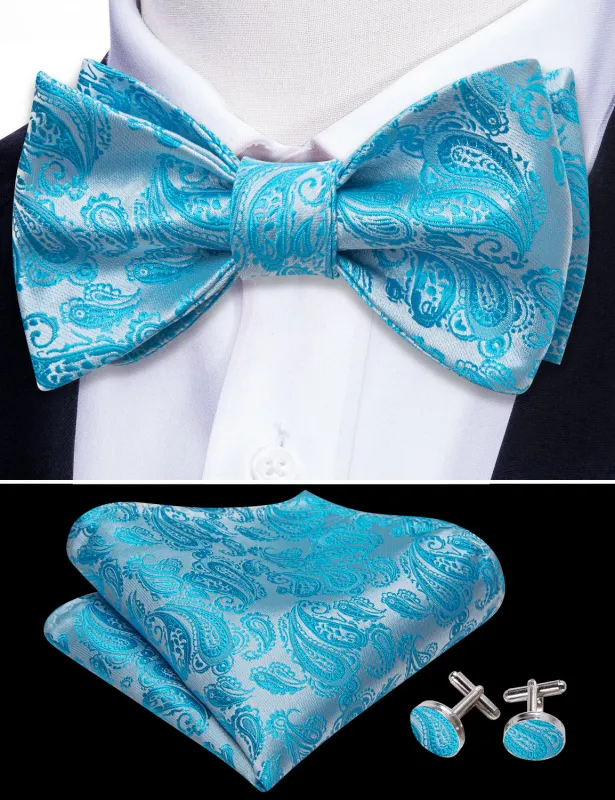 Barry. Wang Turquoise Paisley Bow Tie Silk Jacquard Self-tied Bow Tie for Tuxedo Hanky Cufflinks Set made by Barrywang