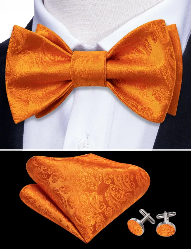 Barry. Wang Orange Solid Bow Tie for Men Self-tied Adjustable Pocket Square Cufflinks Set for Tuxedo sold by Barrywang