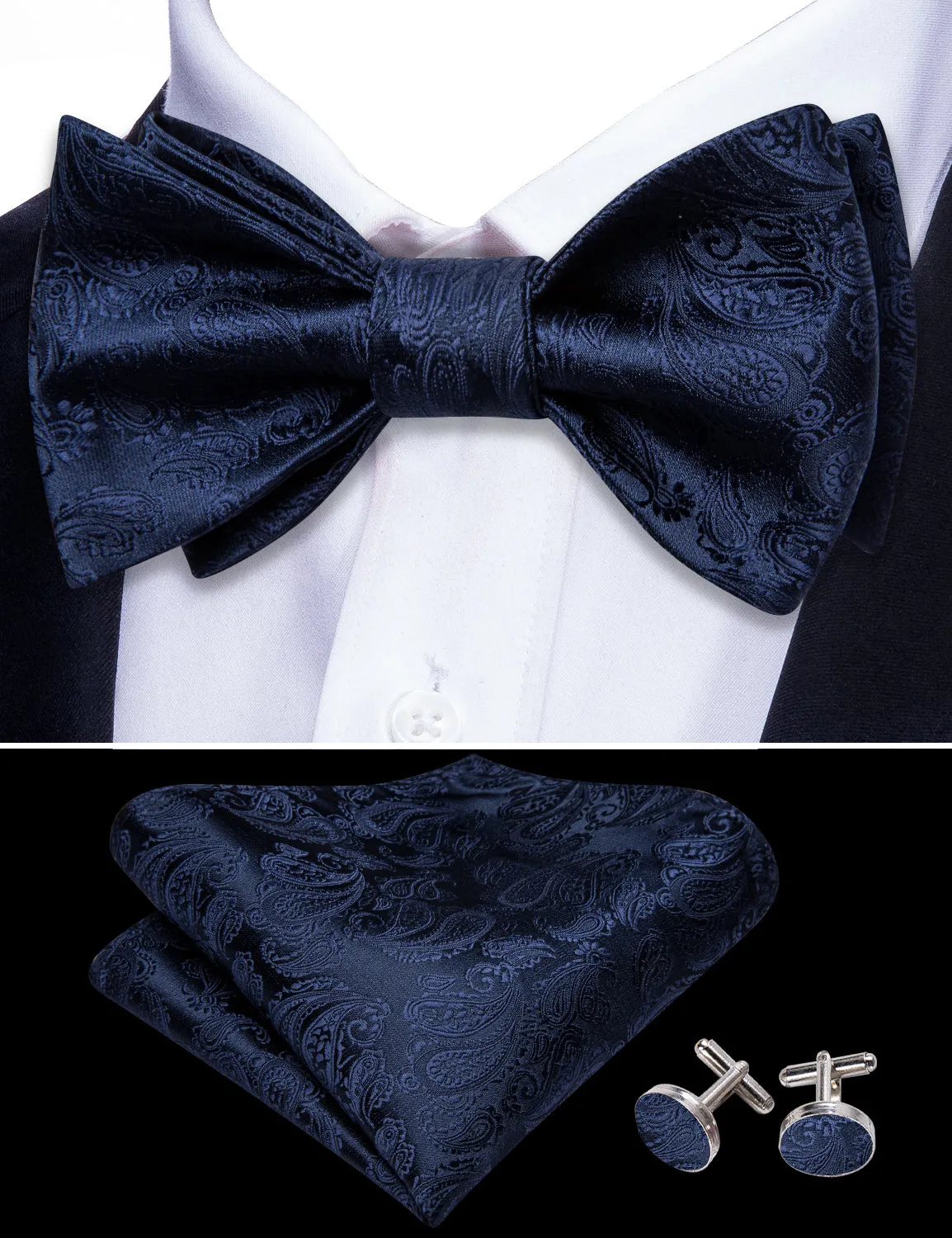 Barry. Wang Navy Blue Bow Tie for Men Paisley Self-tied Silk Formal Bow Tie Hanky Cufflinks Set sold by Barrywang product image thumbnail 4