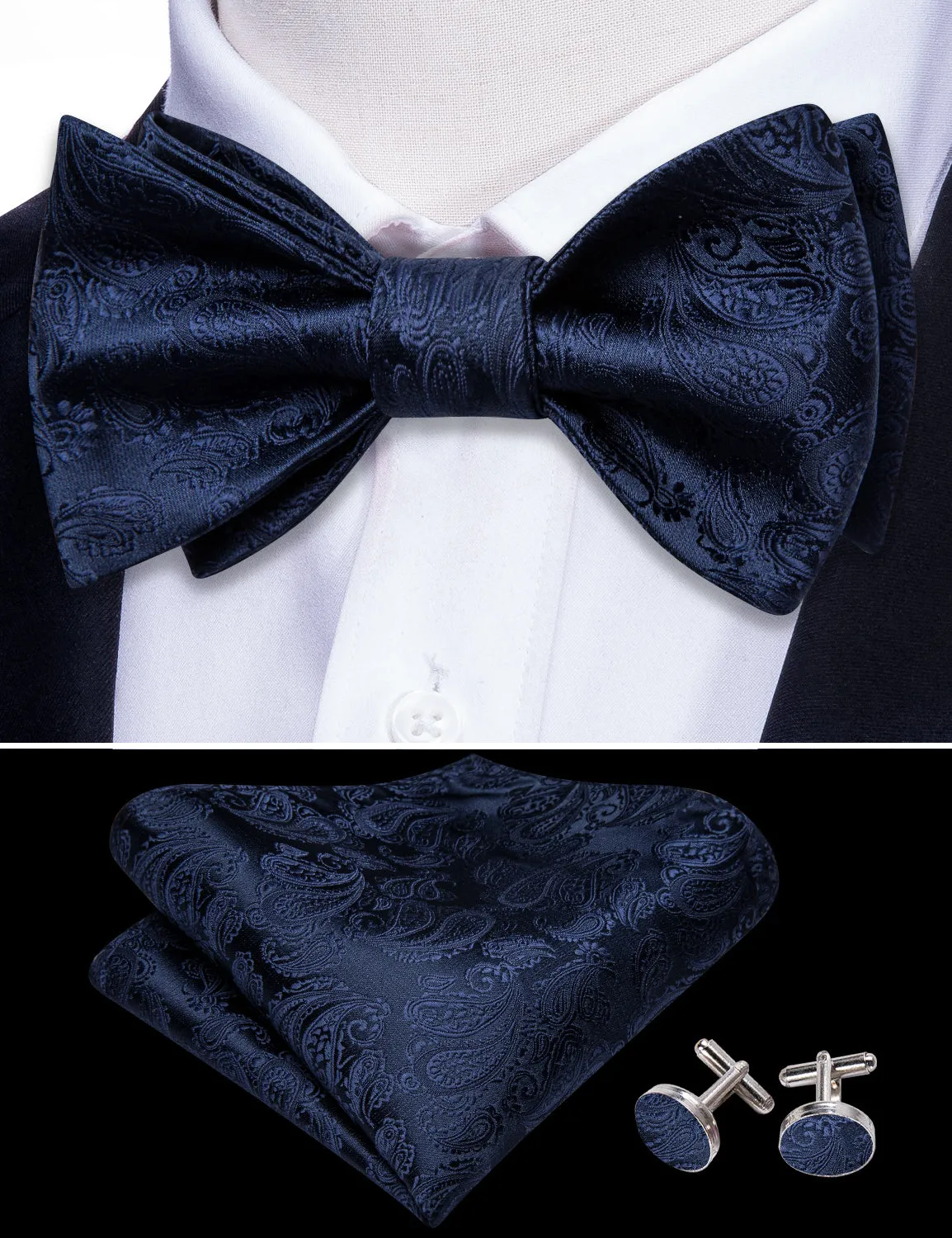 Barry. Wang Navy Blue Bow Tie for Men Paisley Self-tied Silk Formal Bow Tie Hanky Cufflinks Set sold by Barrywang