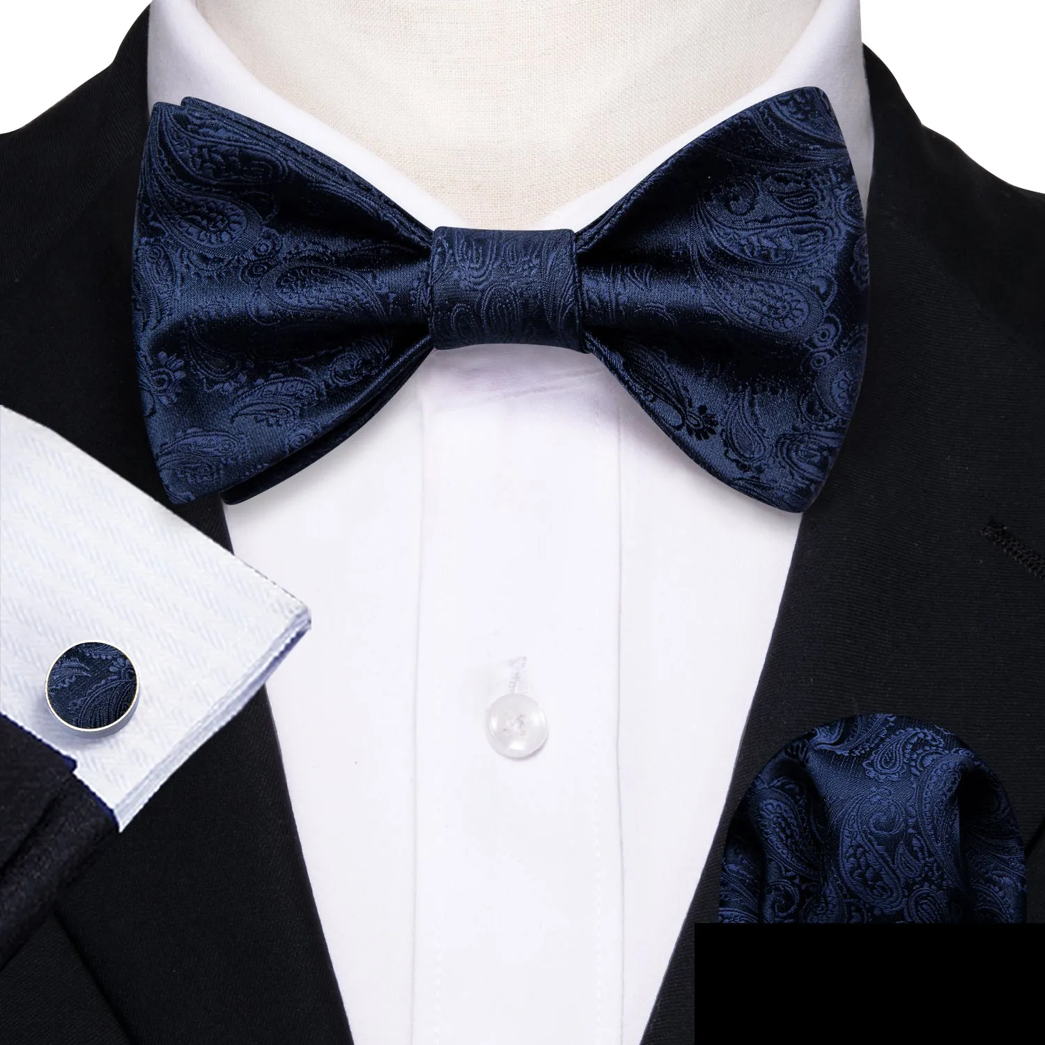 Barry. Wang Navy Blue Bow Tie for Men Paisley Self-tied Silk Formal Bow Tie Hanky Cufflinks Set sold by Barrywang product image thumbnail 2