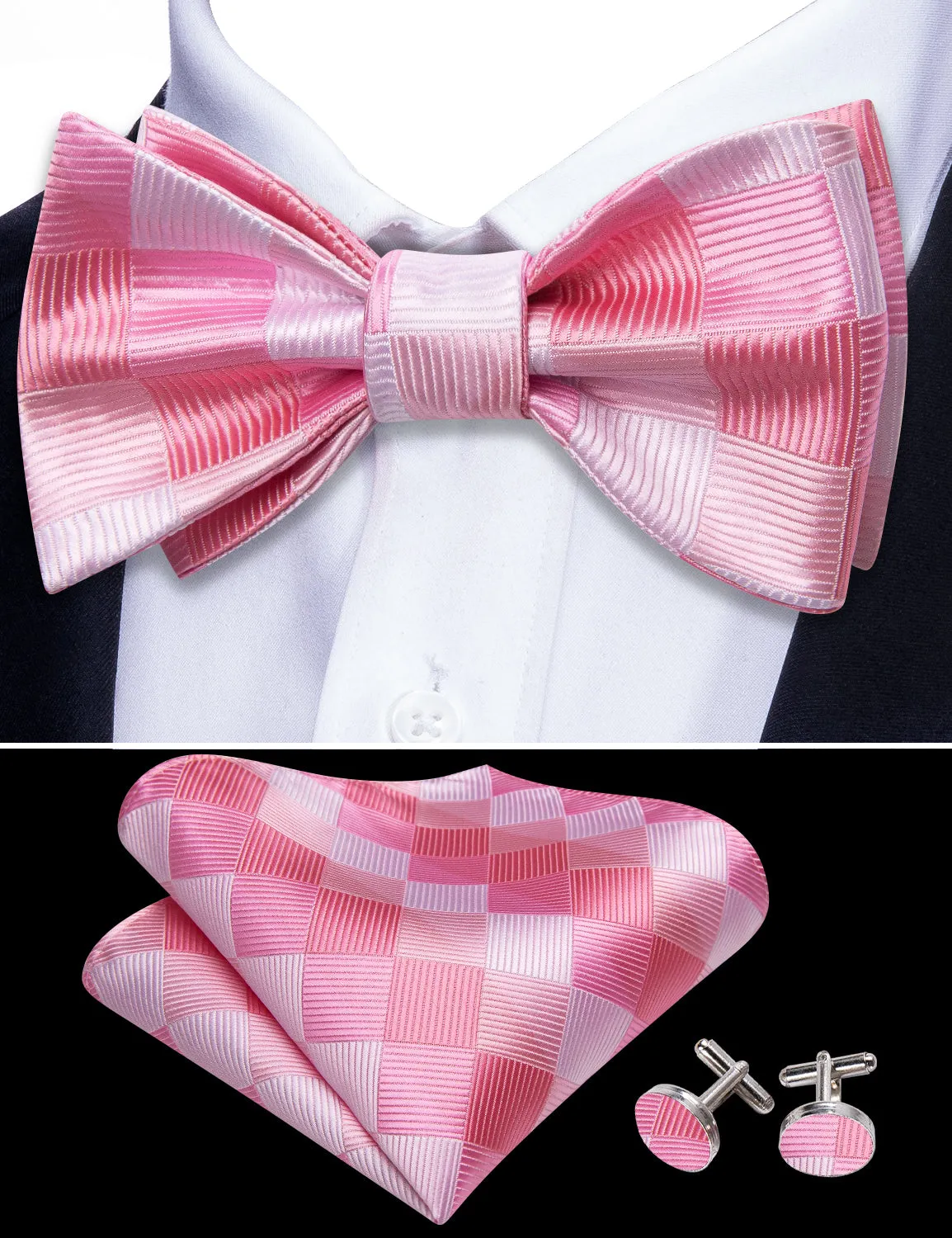 Barry. Wang Rose Pink Bow Tie Jacquard Plaid Silk Bow Tie for Men Pocket Square Cufflinks Set sold by Barrywang product image thumbnail 4