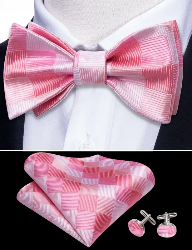 Barry. Wang Rose Pink Bow Tie Jacquard Plaid Silk Bow Tie for Men Pocket Square Cufflinks Set sold by Barrywang