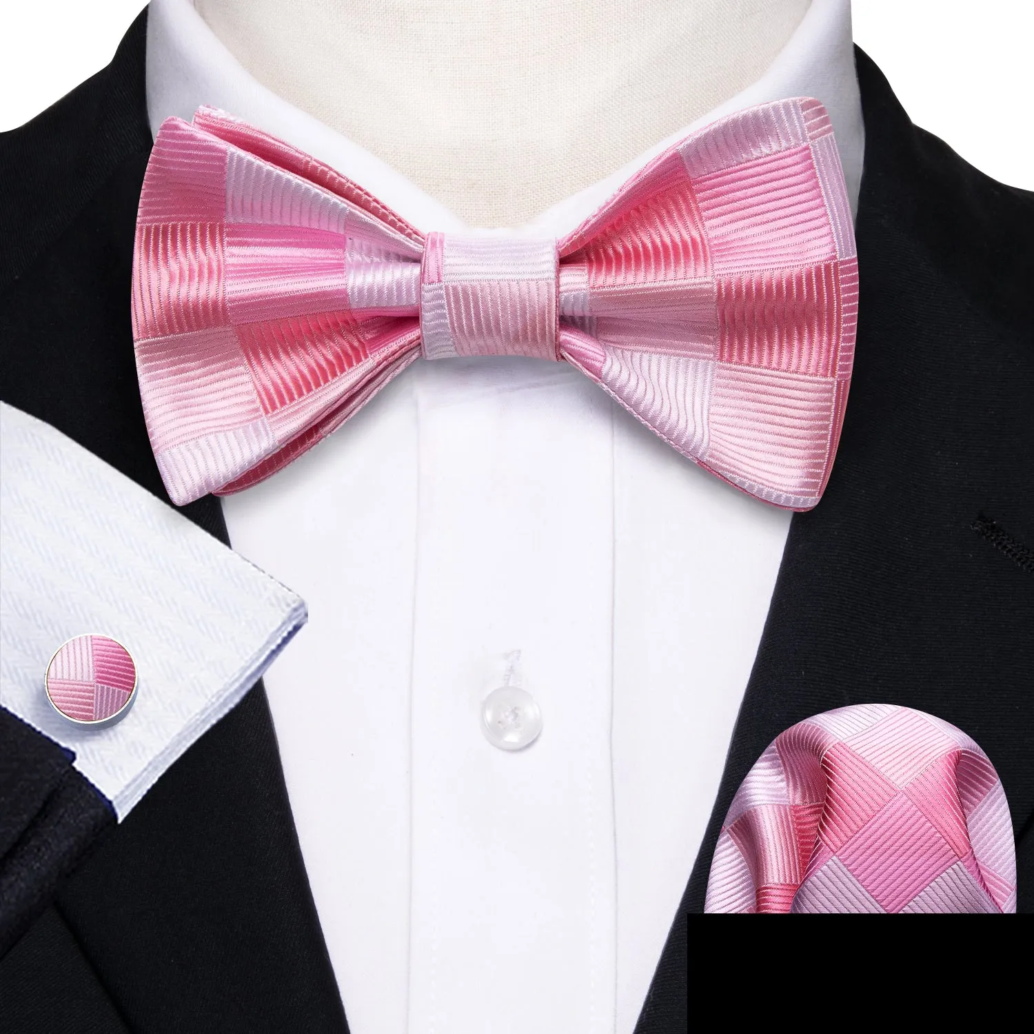 Barry. Wang Rose Pink Bow Tie Jacquard Plaid Silk Bow Tie for Men Pocket Square Cufflinks Set sold by Barrywang product image thumbnail 3