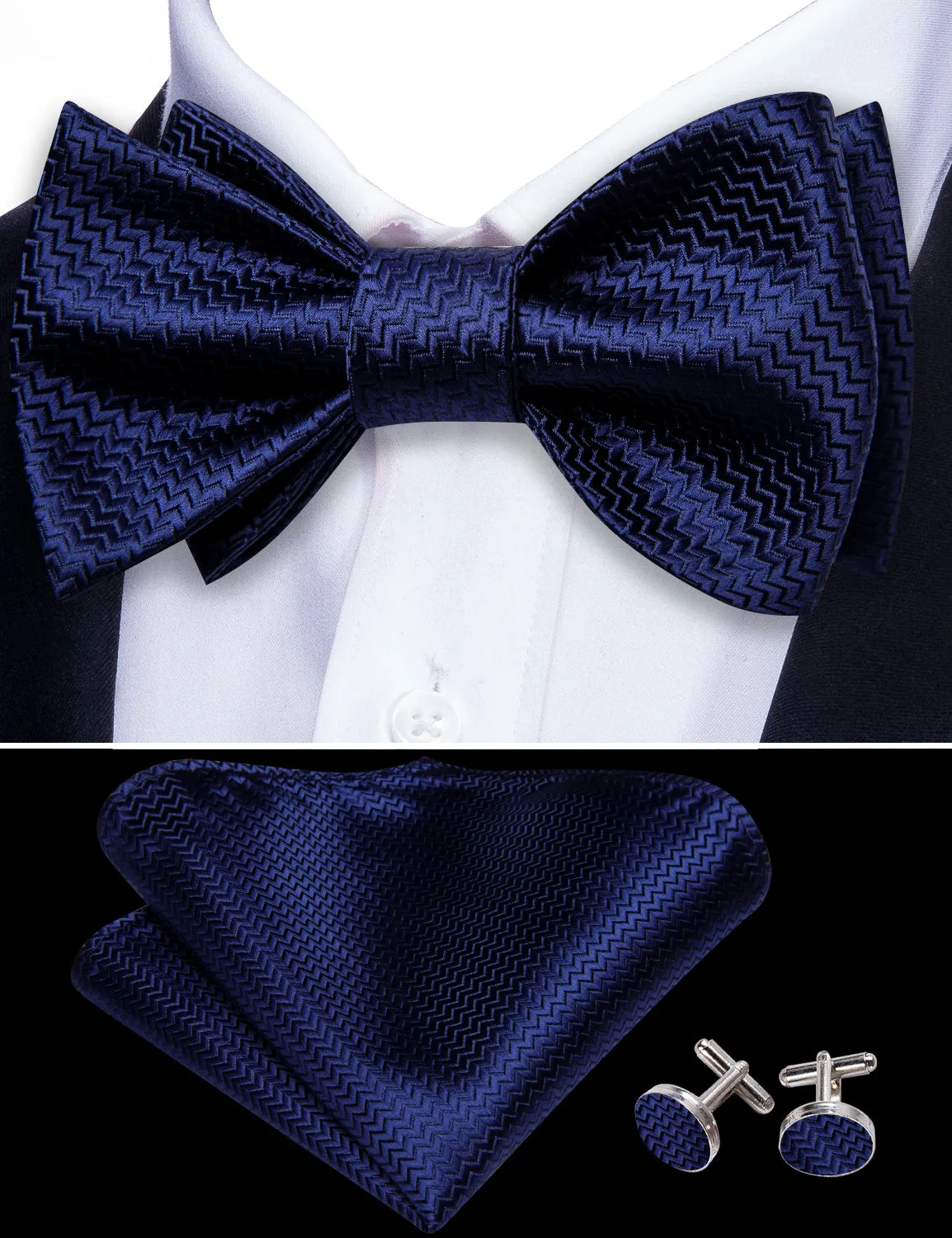 Barry. Wang Navy Blue Bow Tie Solid Silk Men's Wedding Party Bow Tie Pocket Square Cufflinks Set sold by Barrywang product image thumbnail 4