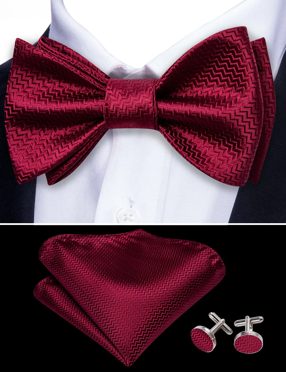 Barry. Wang Cranberry Red Bow Tie Striped Jacquard Silk Bow Tie for Tuxedo Hanky Cufflinks Set sold by Barrywang product image thumbnail 4
