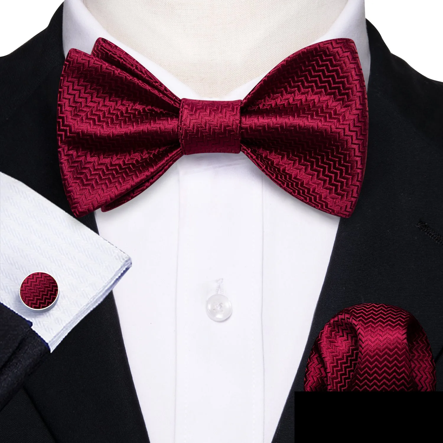 Barry. Wang Cranberry Red Bow Tie Striped Jacquard Silk Bow Tie for Tuxedo Hanky Cufflinks Set sold by Barrywang product image thumbnail 3