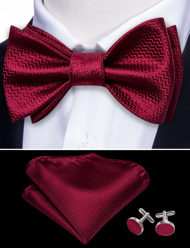 Barry. Wang Cranberry Red Bow Tie Striped Jacquard Silk Bow Tie for Tuxedo Hanky Cufflinks Set sold by Barrywang