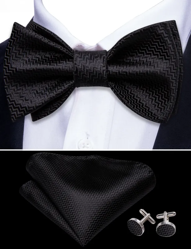 Barry. Wang Black Solid Bowtie Hanky Cufflinks Set Silk Self-tied Men's Wedding Business Tuxedos Bowtie sold by Barrywang