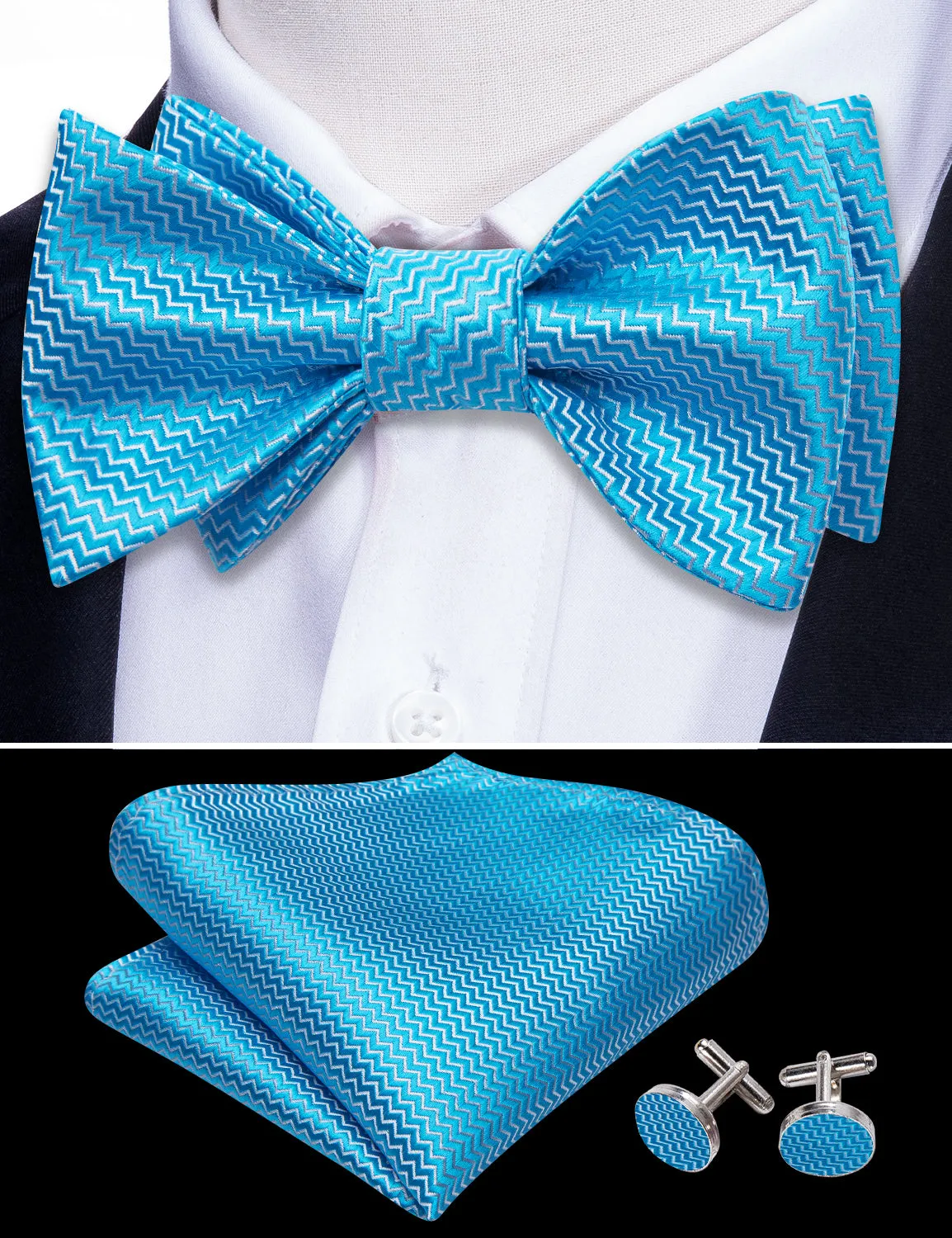 Barry. Wang Turquoise Bowtie for Men Striped Silk Jacquard Tuxedo Bow Tie Hanky Cufflinks Set sold by Barrywang