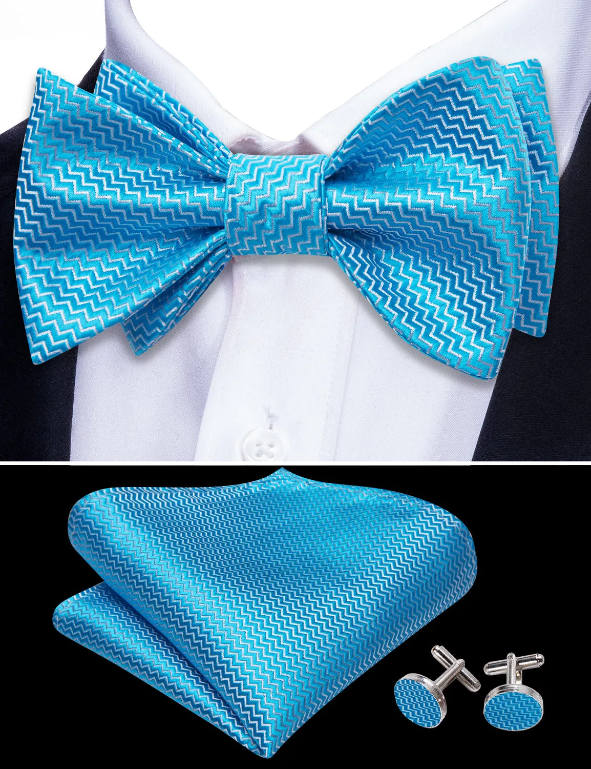 Barry. Wang Turquoise Bowtie for Men Striped Silk Jacquard Tuxedo Bow Tie Hanky Cufflinks Set sold by Barrywang product image thumbnail 4