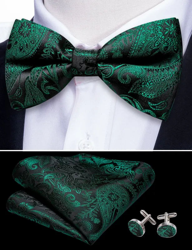 Barry. Wang Green Paisley Bowtie Set for Men Adjustable Pre-tied Formal Tie Hanky Cufflinks Set for party sold by Barrywang