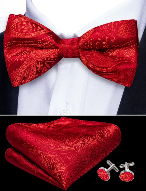 Barry. Wang Red Paisley Bow Tie Hanky Cufflinks Set Jacquard Formal Pre-tied Wedding Party Bow Tie made by Barrywang