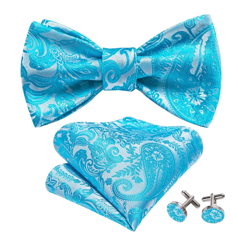 Barry. Wang Turquoise Bowtie for Men Paisley Jacquard Self-tied Bow Tie Pocket Square Cufflinks Set sold by Barrywang