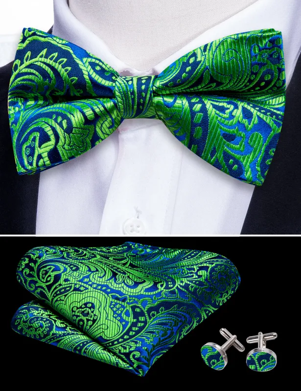 Barry. Wang Teal Bowtie Hanky Cufflinks Set Paisley Jacquard Pre-tied Bow Tie for Tuxedo Formal sold by Barrywang
