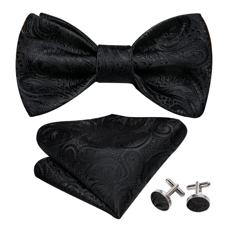 Barry. Wang Black Bow Tie for Men Adjustable Paisley Self-tied Bow Tie Hanky Cufflinks Set for Wedding sold by Barrywang