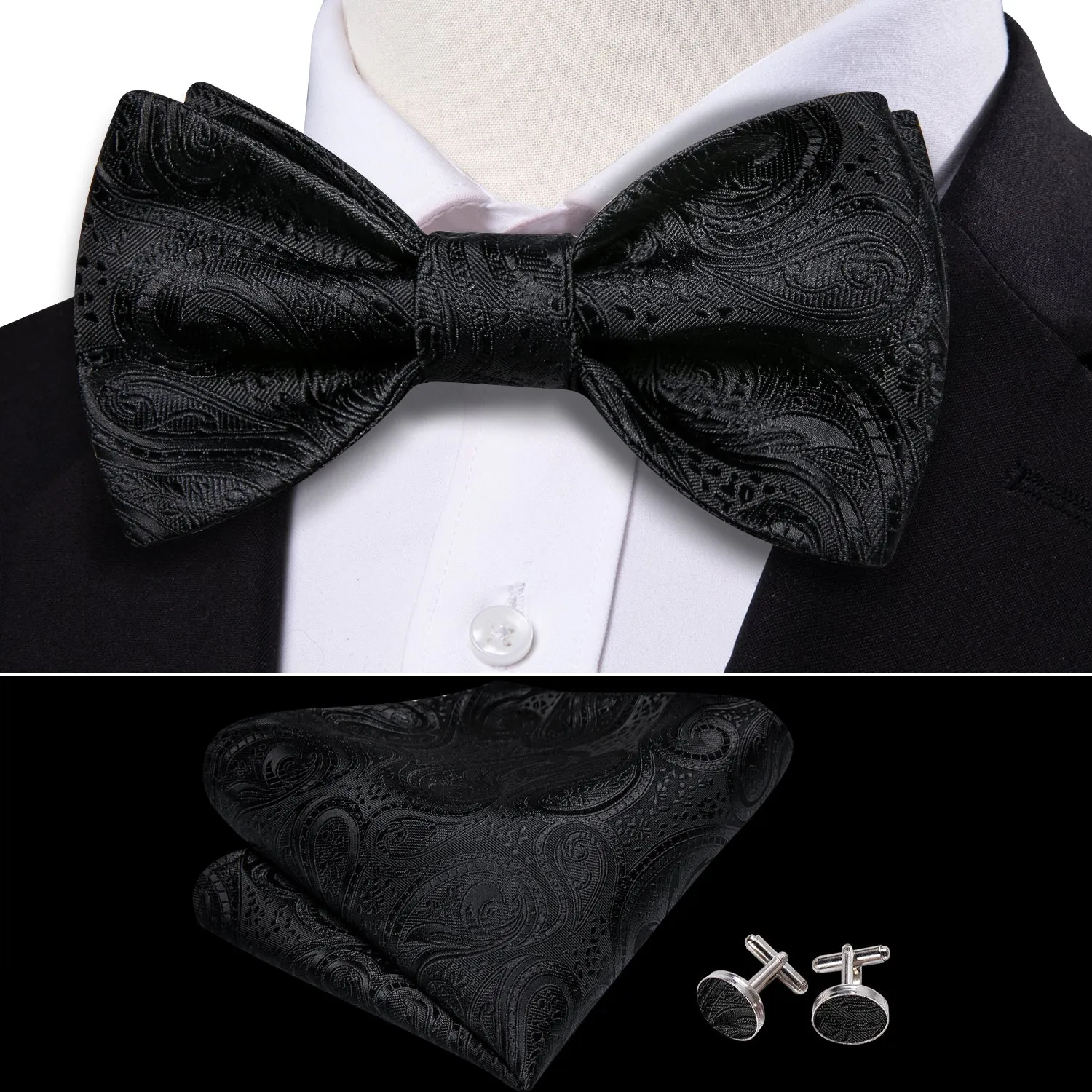 Barry. Wang Black Bow Tie for Men Adjustable Paisley Self-tied Bow Tie Hanky Cufflinks Set for Wedding sold by Barrywang product image thumbnail 3