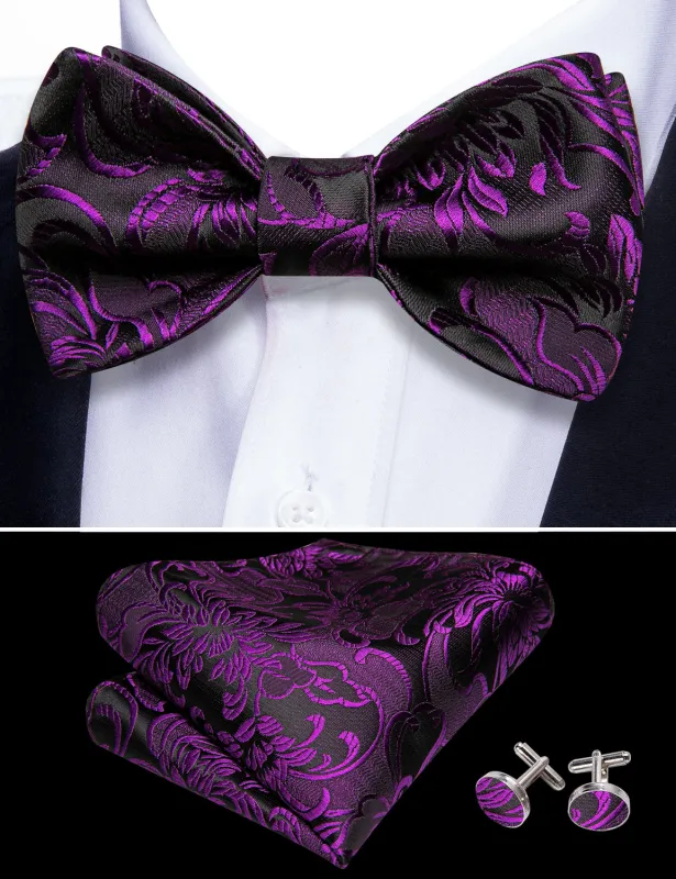 Barry. Wang Purple Black Bowtie Set Floral Adjustable Wedding Bow Tie for Men Pocket Square Cufflinks Set sold by Barrywang