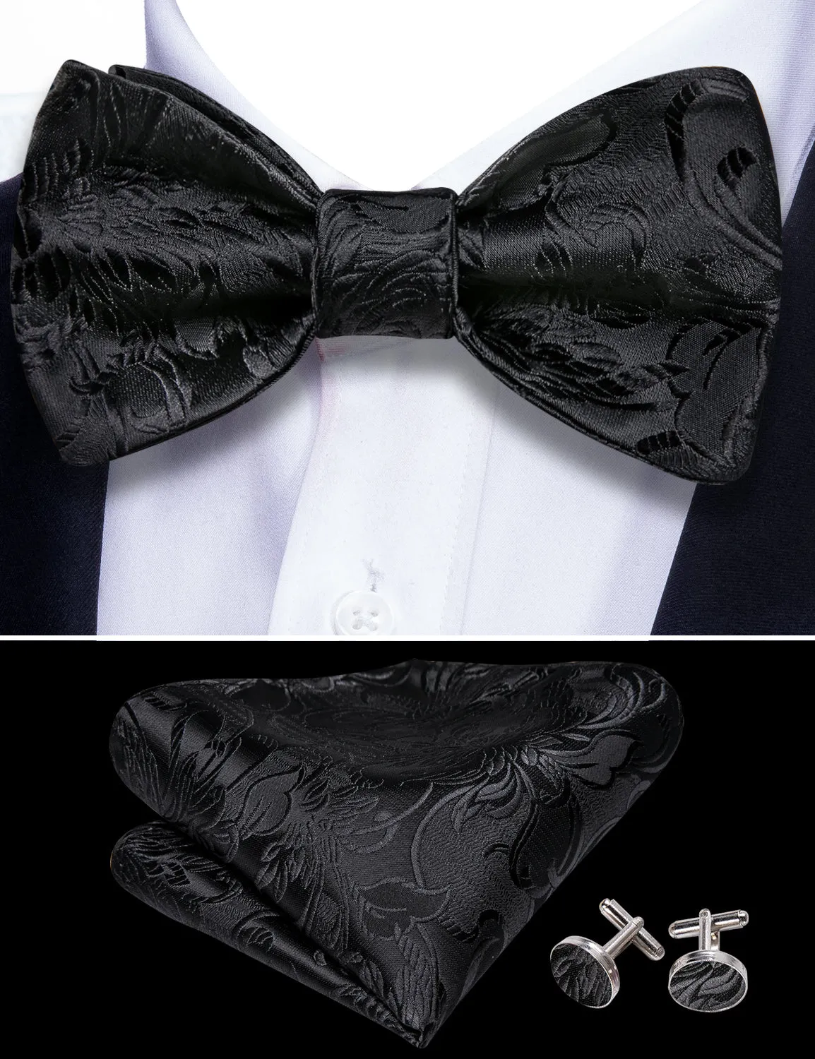 Barry. Wang Black Paisley Bow Tie Hanky Cufflinks Set Self-tied Silk Jacquard Wedding Party Bow Tie sold by Barrywang