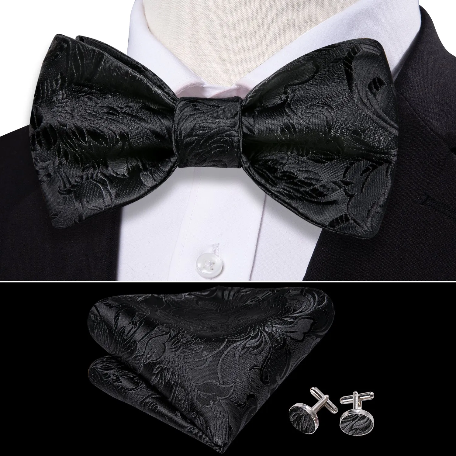 Barry. Wang Black Paisley Bow Tie Hanky Cufflinks Set Self-tied Silk Jacquard Wedding Party Bow Tie sold by Barrywang product image thumbnail 4
