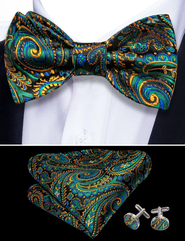 Barry. Wang Paisley Teal Bow Tie Pocket Square Cufflinks Set Adjustable Silk Jacquard Wedding Formal Bowtie sold by Barrywang